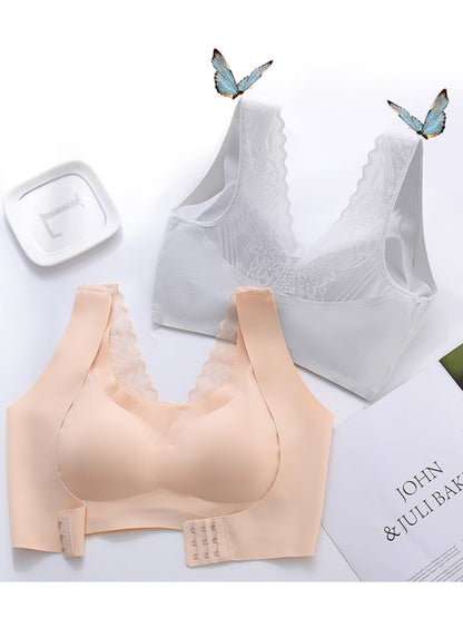 Front Closure Lace Seamless Wireless Bra Padded, Non-Slip, Beautiful Back, Large Sizes Ivory