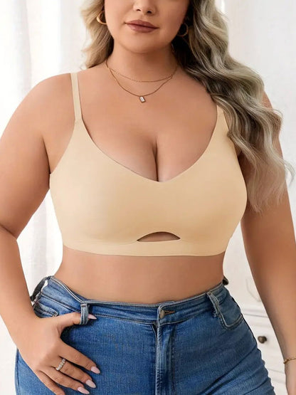 Plus Size Simple Seamless Hollow Out Wireless Bra Cornsilk