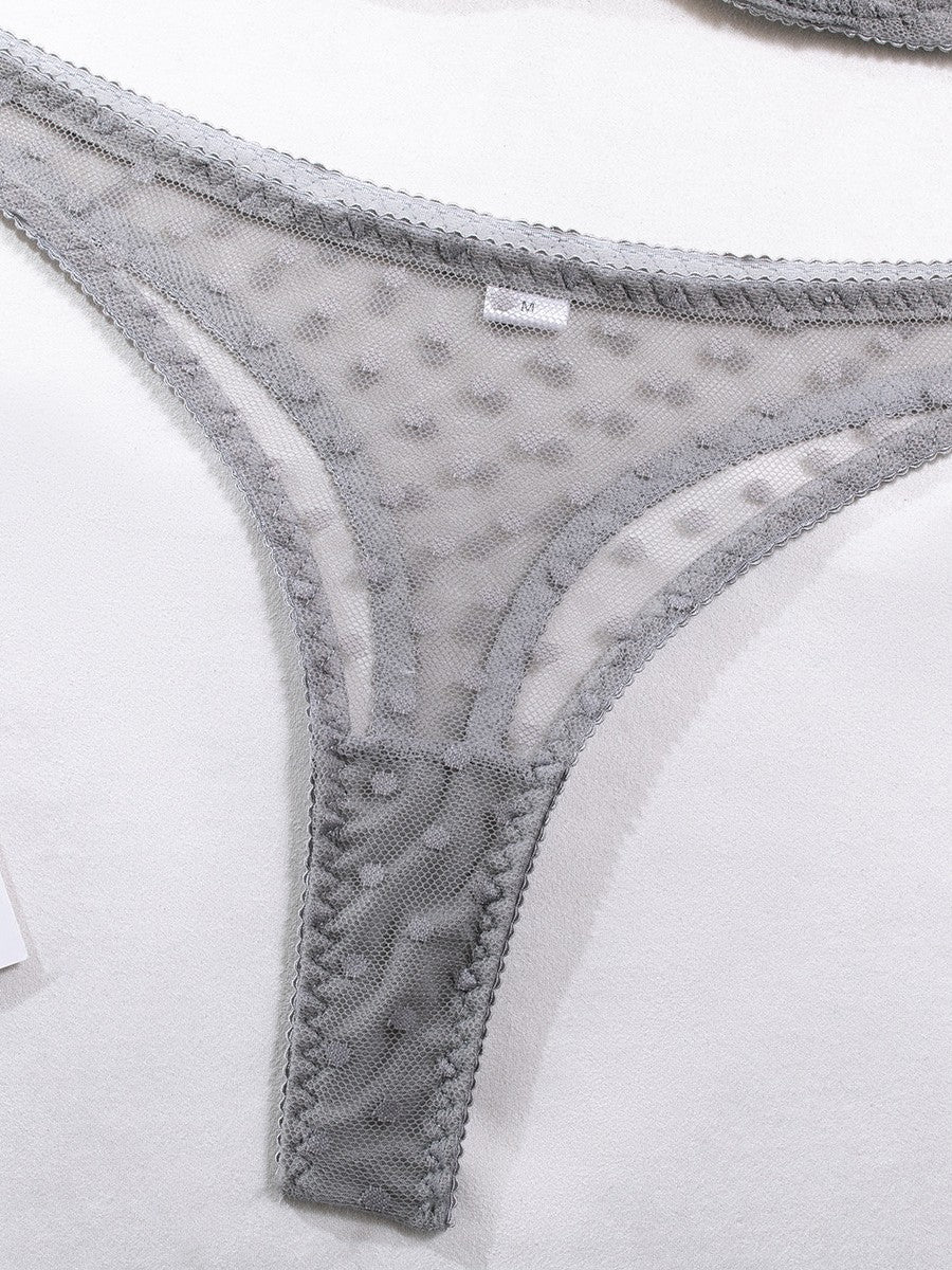 Sexy Polka Dot Half Cup Ultra Thin See Through Lingerie Set LightGray