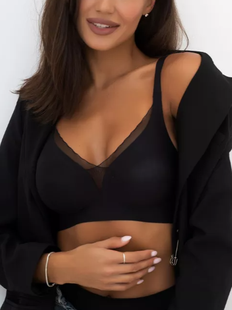 Deep V Mesh Seamless Push-up Without Steel Ring To Prevent Sagging Bra Black