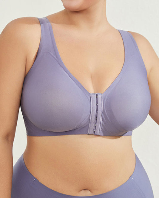 Smooth front clasp large size back support wireless bra Blue