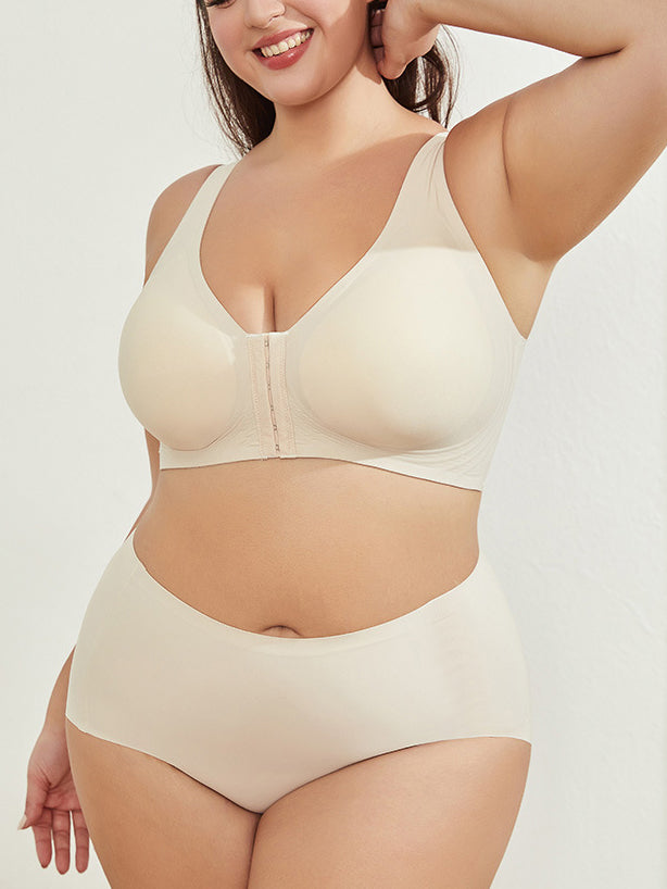 Smooth front clasp large size back support wireless bra Tan