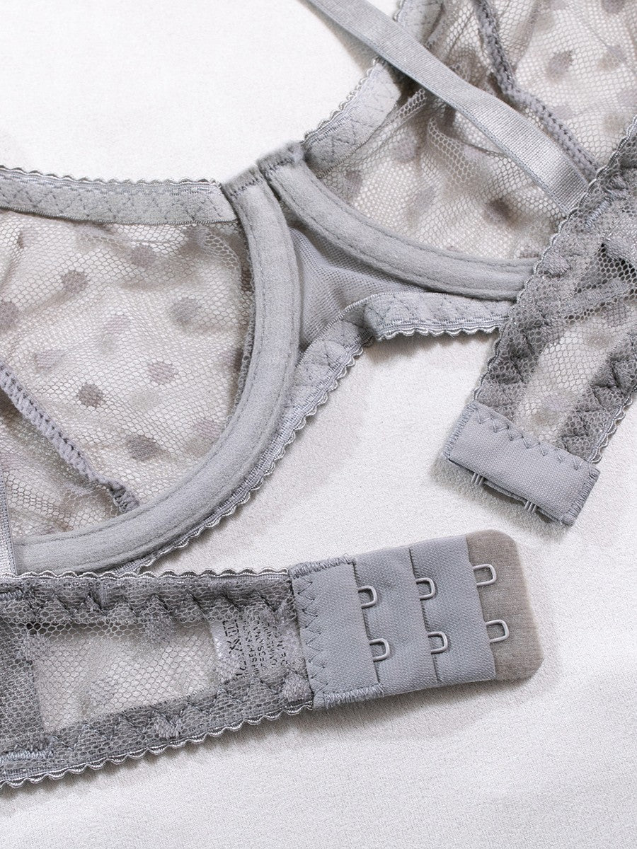 Sexy Polka Dot Half Cup Ultra Thin See Through Lingerie Set LightGray