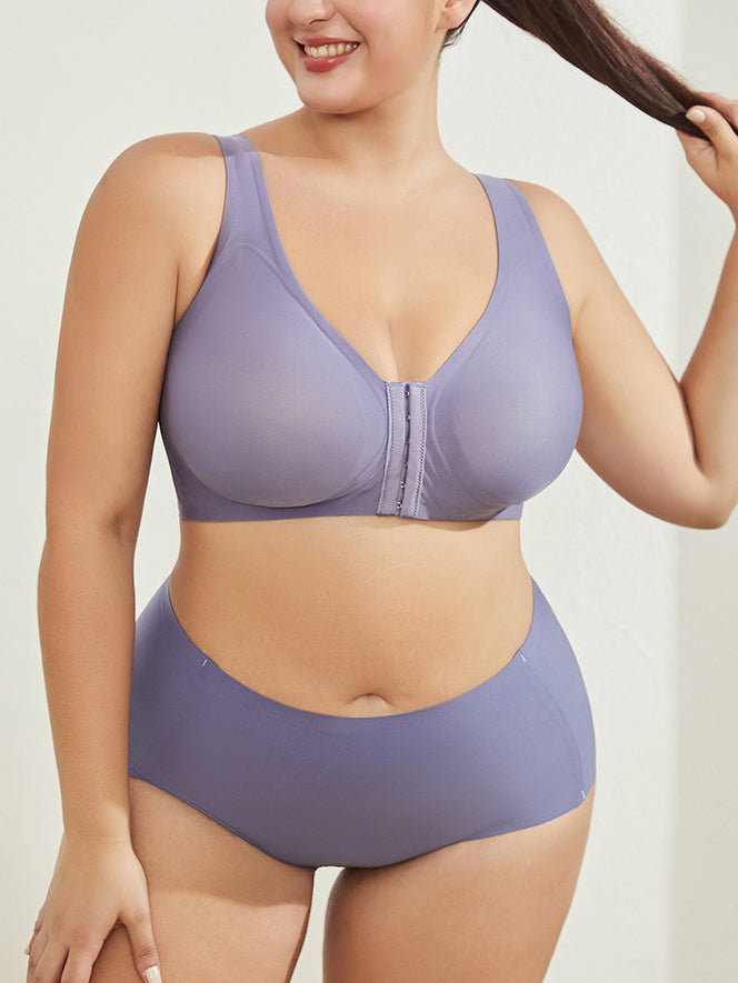 Smooth front clasp large size back support wireless bra Blue