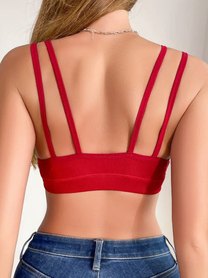 Simple Solid Color Comfort & Breathable Double Strap V-neck Wireless Bra Red