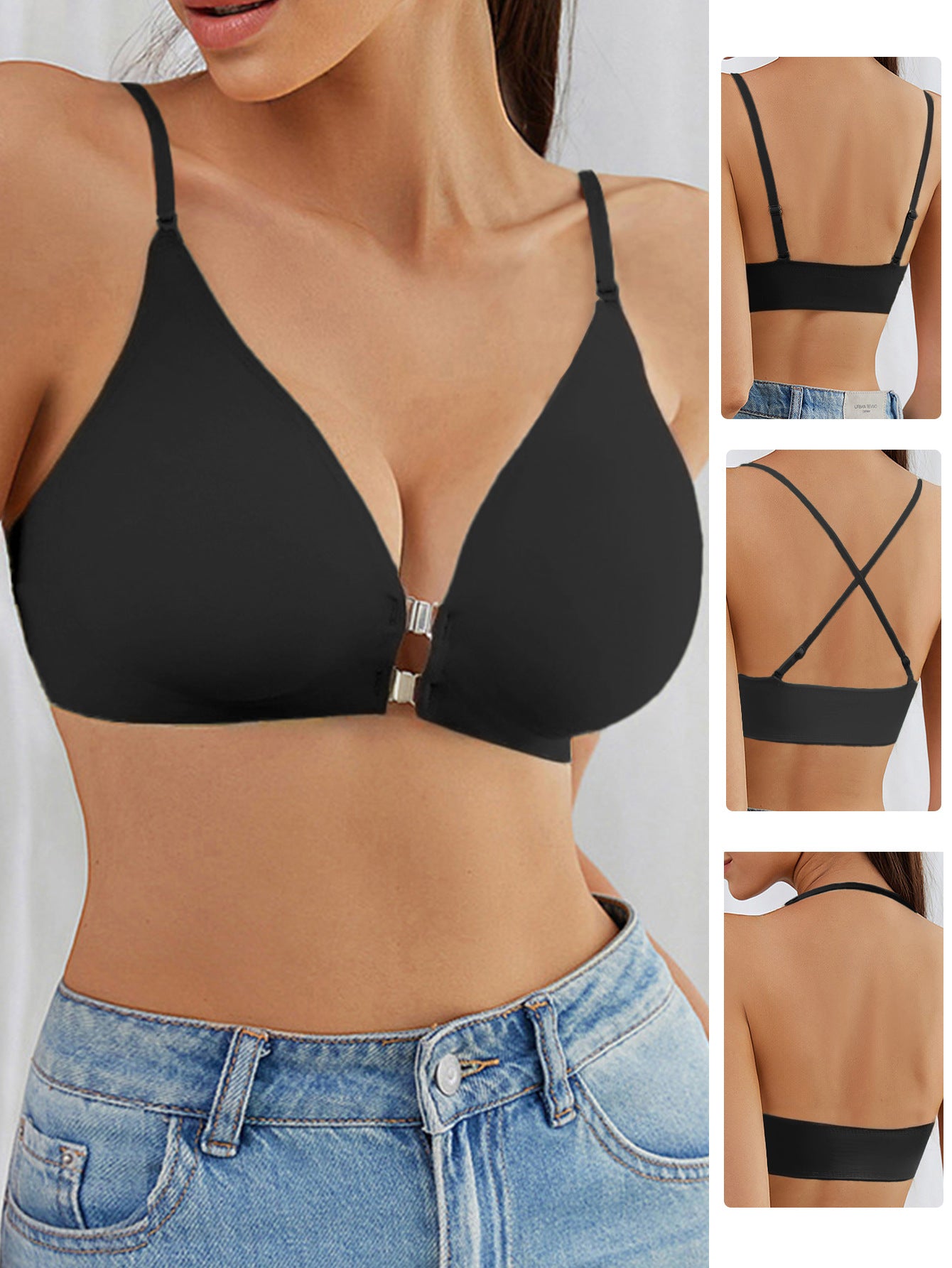 Front-Clasp Cross Halter Seamless Push-Up Bra Black