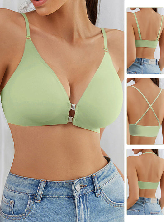 Front-Clasp Cross Halter Seamless Push-Up Bra LightGreen