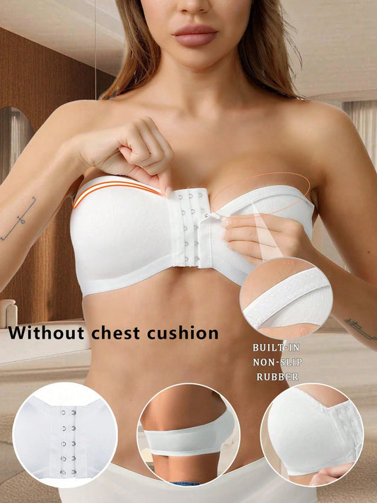 Women's Simple Front Button Multi-Ribbed Wireless Comfortable Non-Reducing Bra White