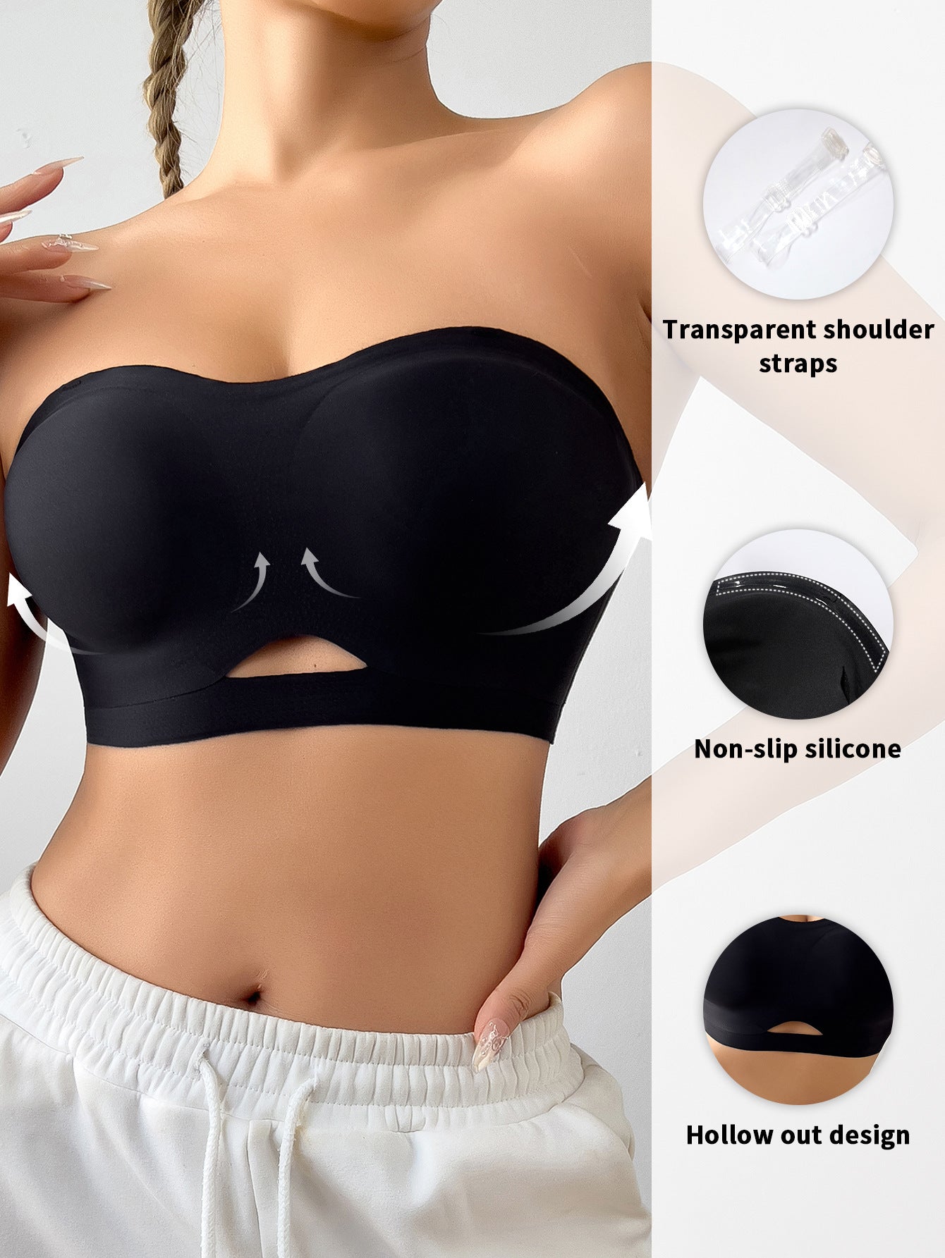 Solid Color Seamless Cutout Sexy Strapless Push-Up Bra Black