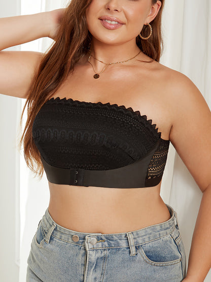 Plus Size Strapless Lace Bandeau Bra with Back-Sculpting Design Black