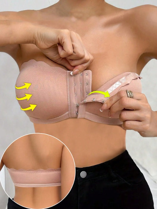 Front-Closure Breathable Supportive Bra with Wavy Trim RosyBrown