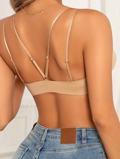 Front Closure Wireless Cross Straps Bra Tan