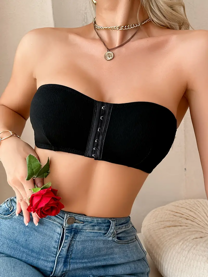 Women's Front Closure Tube Bralette Strapless No Padded Wireless Bandeau Bra Black