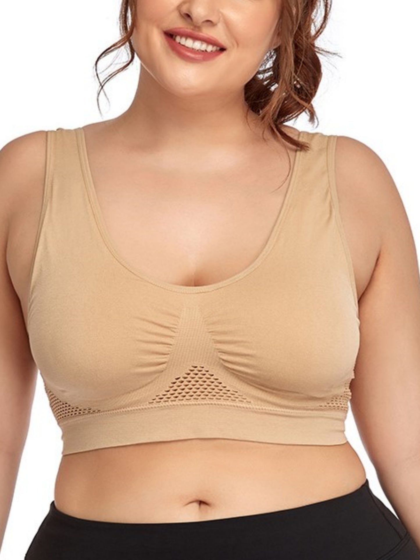 Wireless Hollow Mesh Sports Yoga Bra Tan