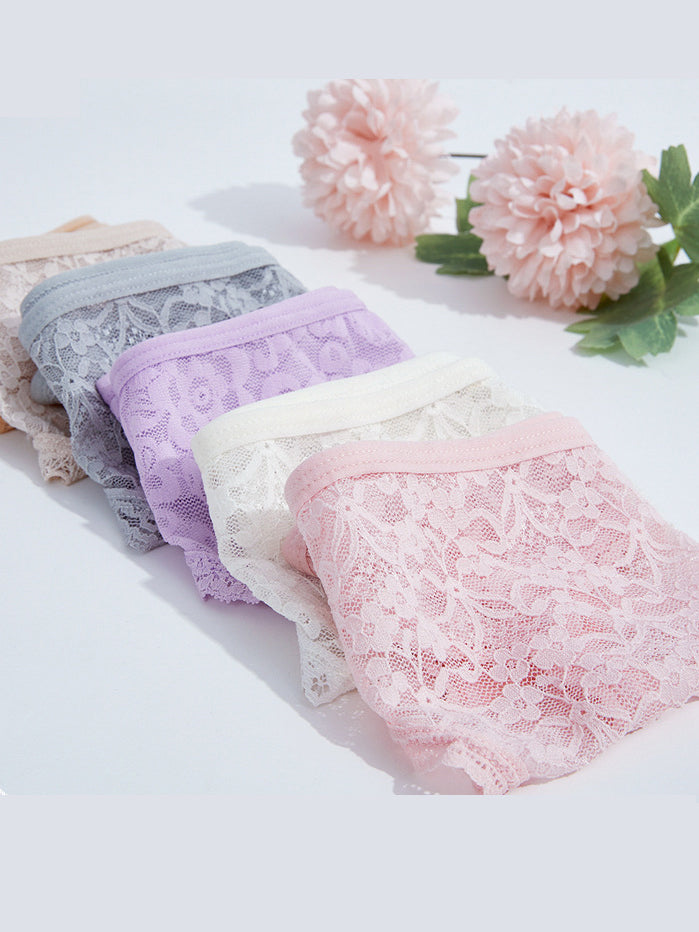 Set of 5 colorful lace seamless thong panties in pastel shades on a white background with flowers.