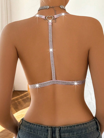 Plus Size Thin Sexy Hanging Neck Silver Silk Super Lace Back Bra Pink