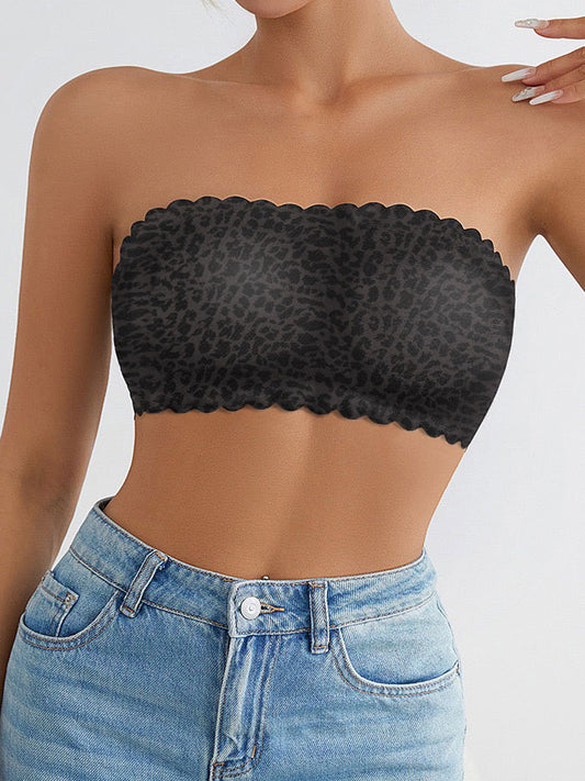 Leopard Print Strapless Bandeau Bra – Seamless & Non-Slip Comfort Black