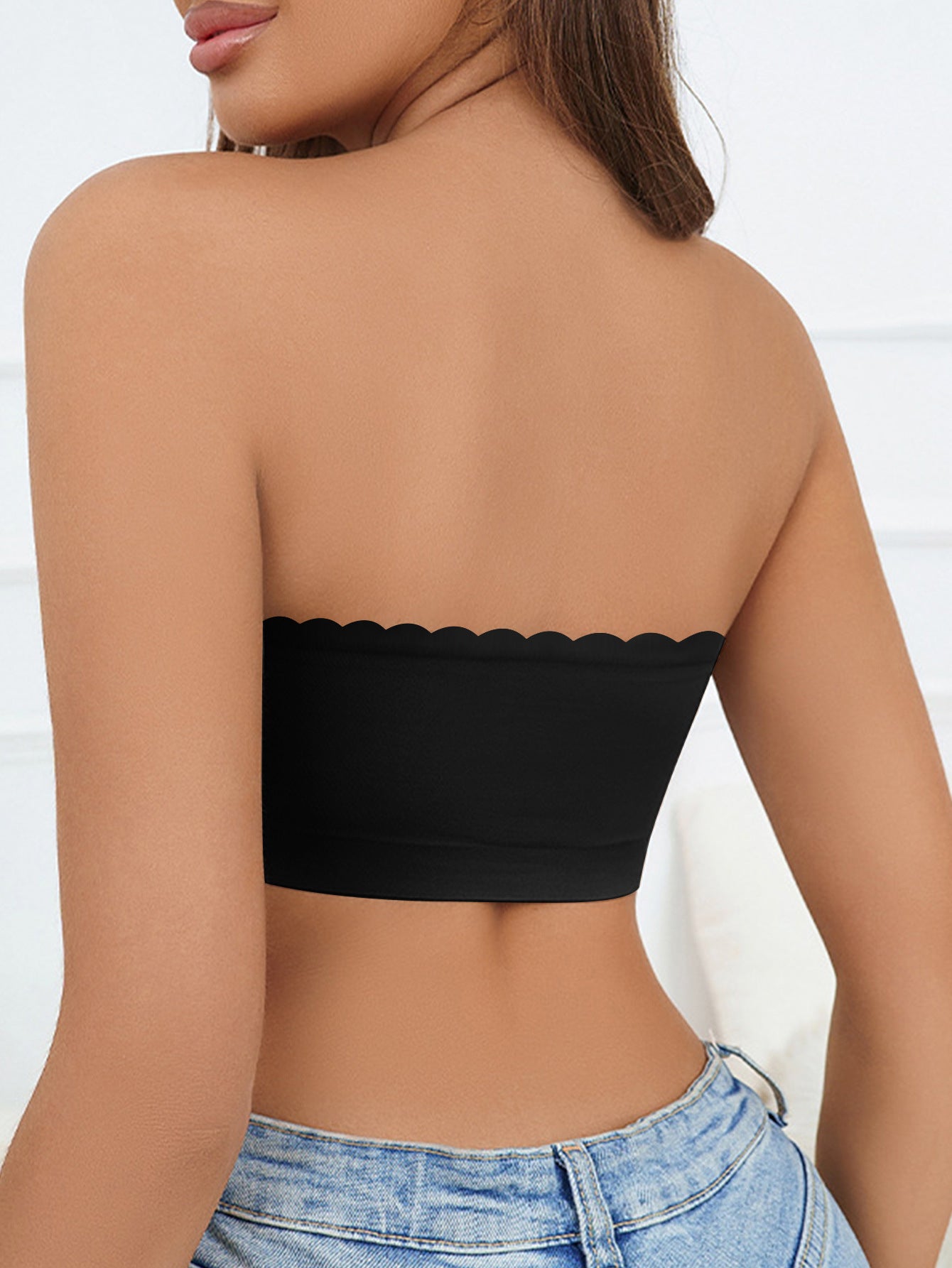 Ribbed Edge Plain Seamless Sexy Gathered Non-Wired Strapless Bra Black