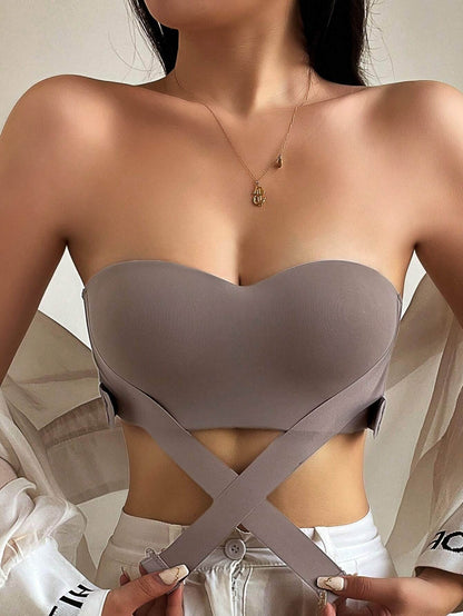 Ladies Solid Color Backless Hollow Out Strapless Bra Peru