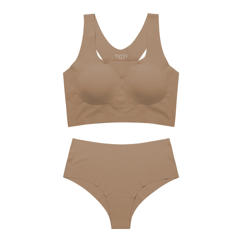 Seamless Racerback Wireless Tank Bra and Panty Set Tan