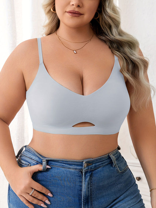 Plus Size Simple Seamless Hollow Out Wireless Bra LightCyan