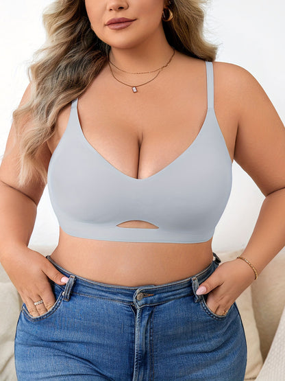 Plus Size Simple Seamless Hollow Out Wireless Bra LightCyan