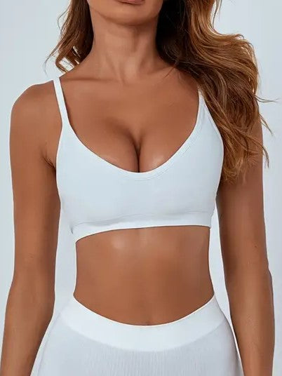 Plain Rib Knit Scoop Neck Spaghetti Strap Wireless Bra White