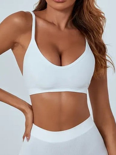 Plain Rib Knit Scoop Neck Spaghetti Strap Wireless Bra White