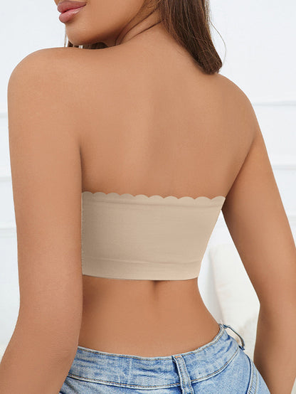 Ribbed Edge Plain Seamless Sexy Gathered Non-Wired Strapless Bra Linen