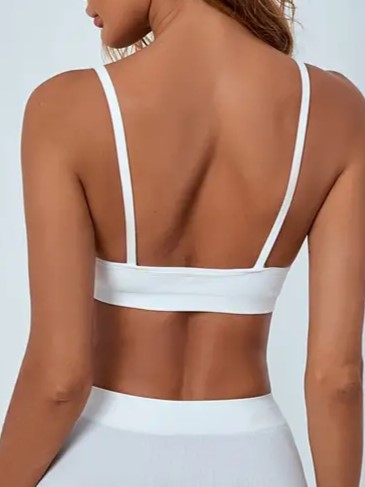 Plain Rib Knit Scoop Neck Spaghetti Strap Wireless Bra White