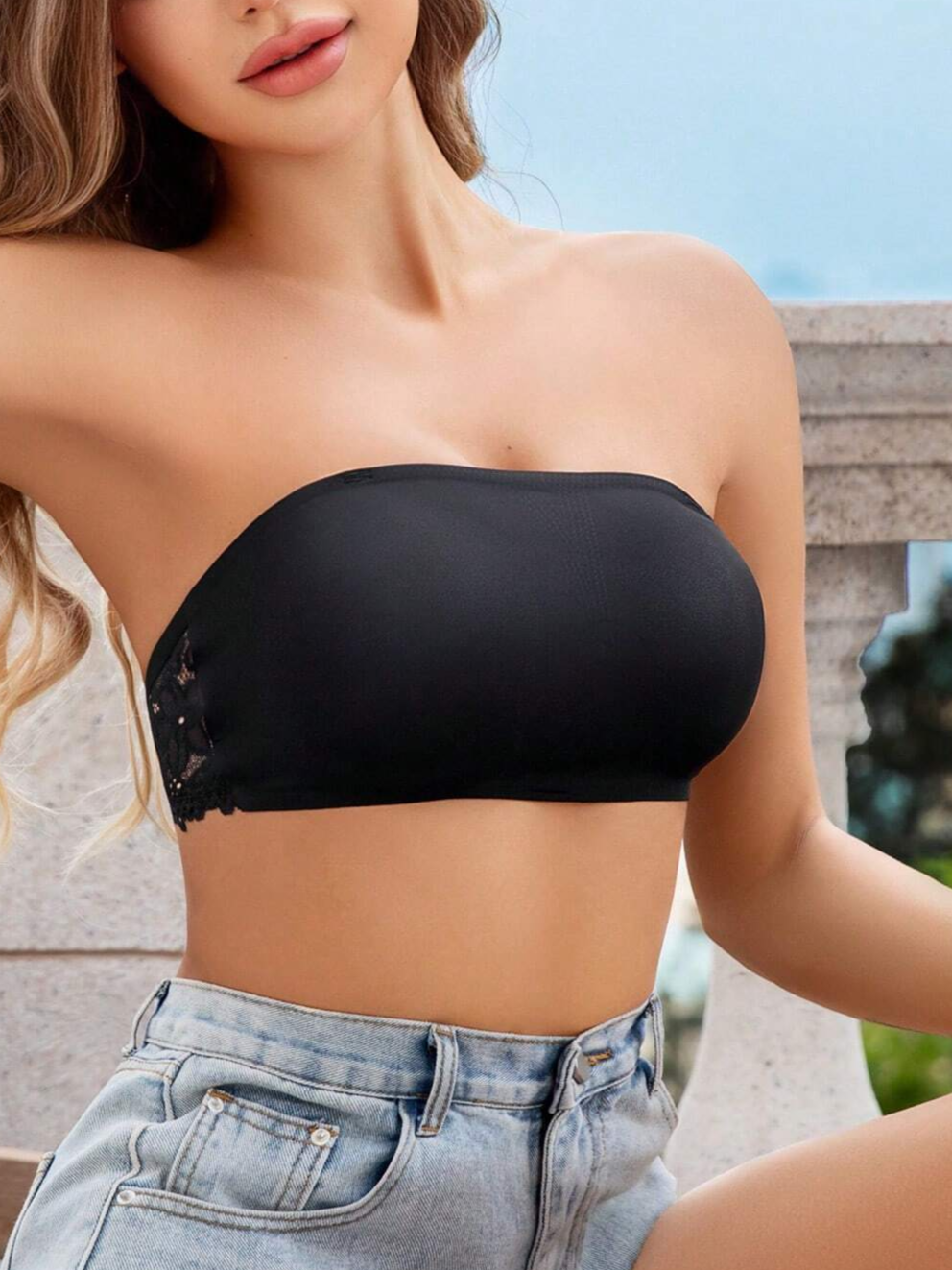 Lace stitching seamless bra, sexy off-shoulder removable transparent shoulder straps Black