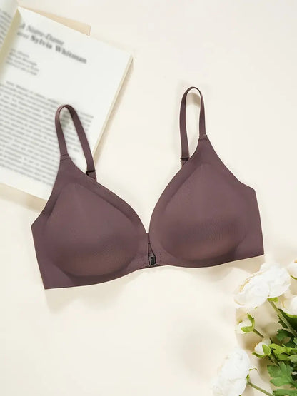 Comfortable Adjustable Straps Deep V Front Button Solid Color Wireless Bra Purple