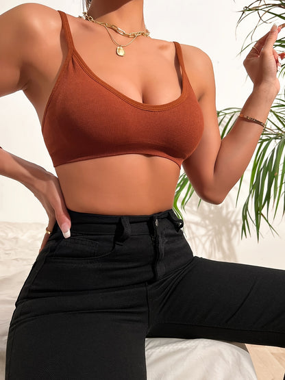 Plain Rib Knit Scoop Neck Spaghetti Strap Wireless Bra Linen