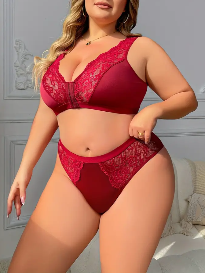 Floral Lace Front Closure Sexy Lingerie Set, Plus Size