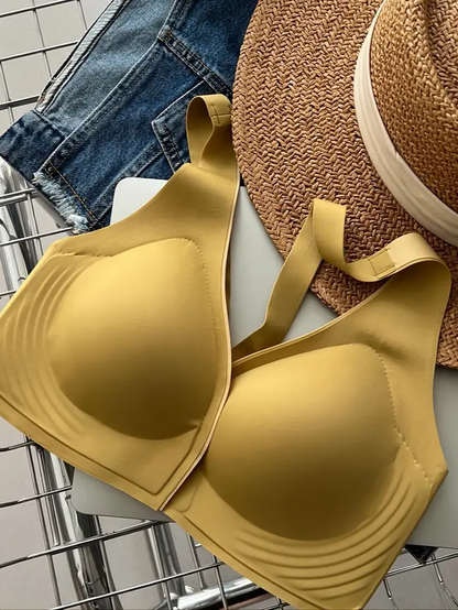 Soft Seamless Front Closure Deep V Push Up Plunge Bra Yellow