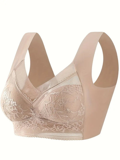 Contrast Lace Wireless Bra, Soft & Comfortable Tank Bra, Women's Lingerie & Underwear Pink