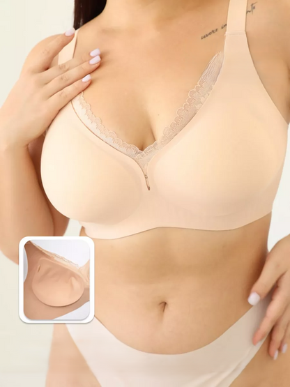 V-neck Lace Stitching Seamless Push-up Wireless Bra Beige