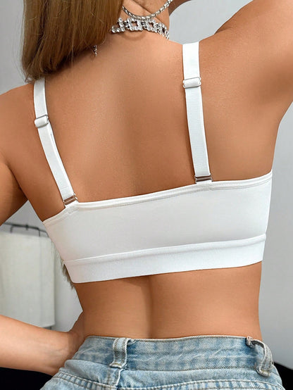 Front-Clasp Lace Patchwork Sheer Lightweight Wireless Bra White