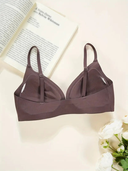 Comfortable Adjustable Straps Deep V Front Button Solid Color Wireless Bra Purple