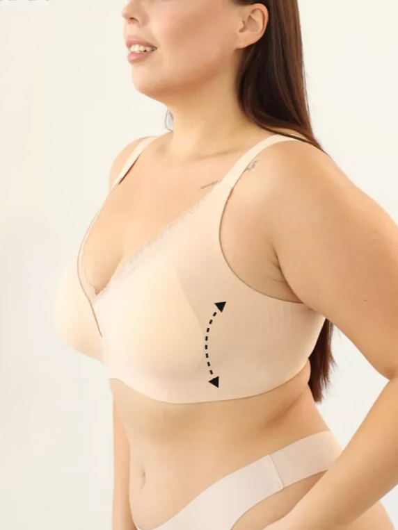 V-neck Lace Stitching Seamless Push-up Wireless Bra Beige