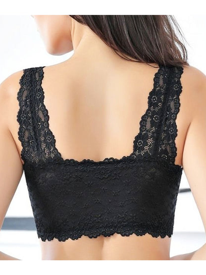 Women's Lace Front Closure Padded Everyday Short Bra，Plus Size Black