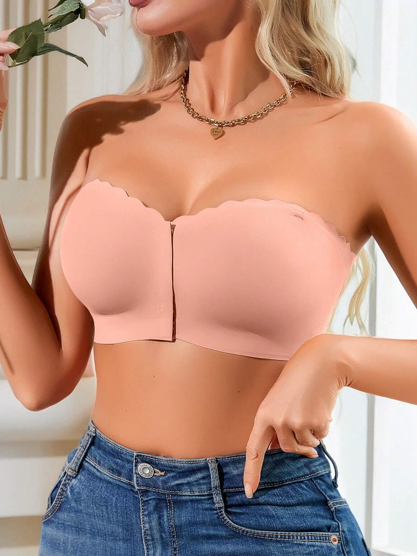 Front Closure Wireless Strapless Bra Pink