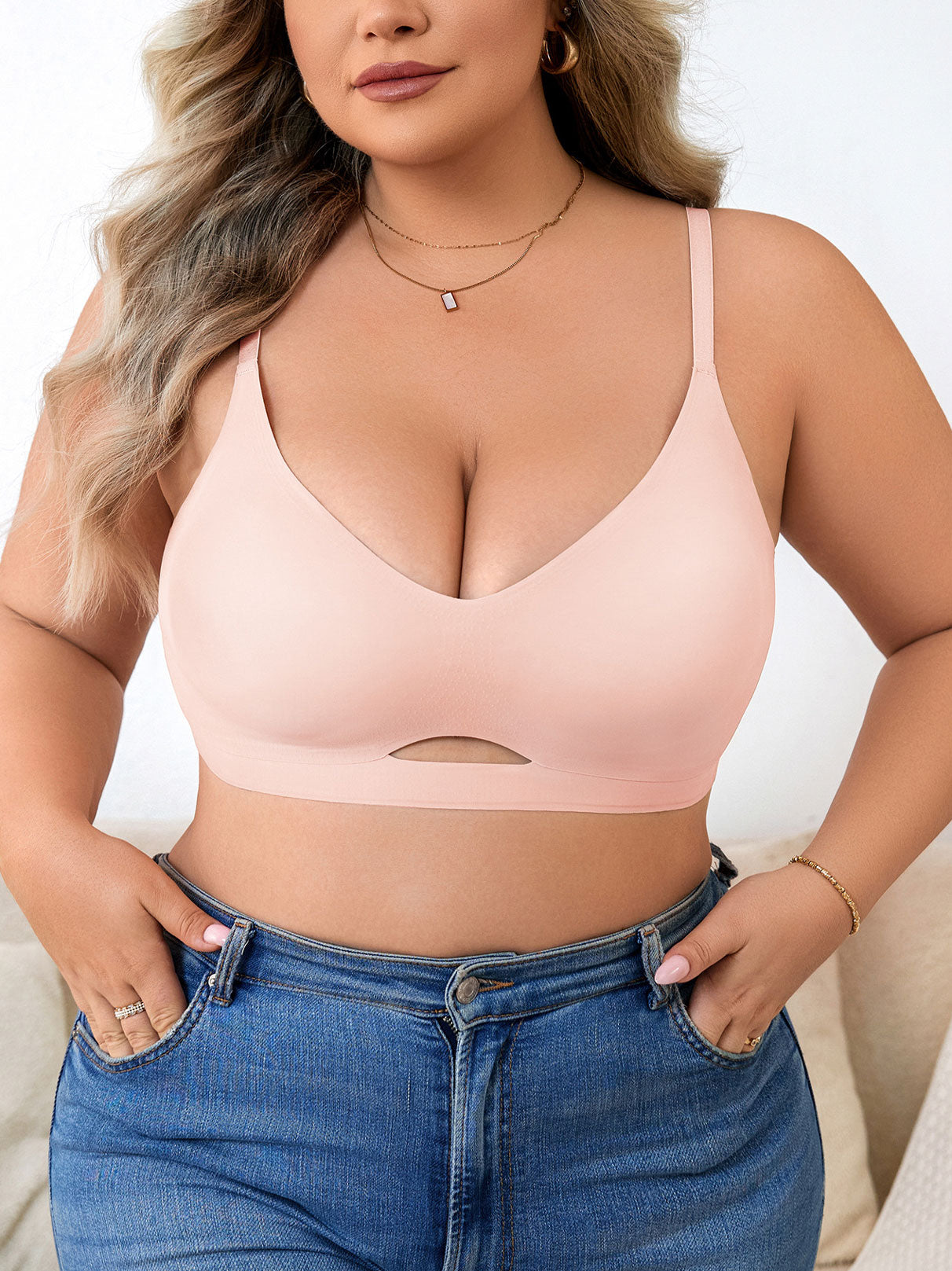 Plus Size Simple Seamless Hollow Out Wireless Bra Pink