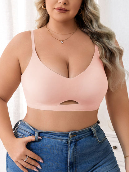 Plus Size Simple Seamless Hollow Out Wireless Bra Pink