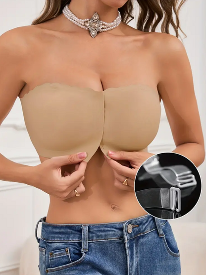 Front Closure Wireless Strapless Bra Beige