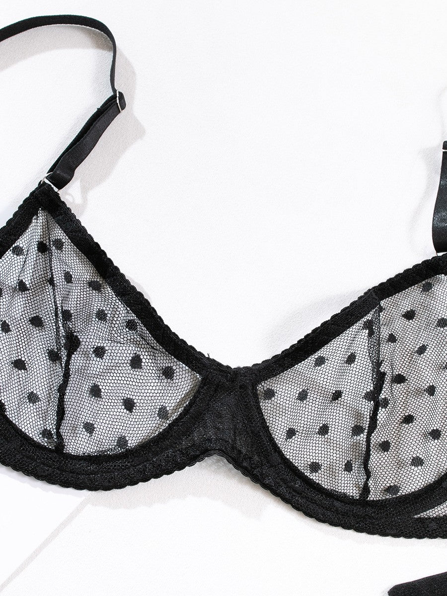 Sexy Polka Dot Half Cup Ultra Thin See Through Lingerie Set