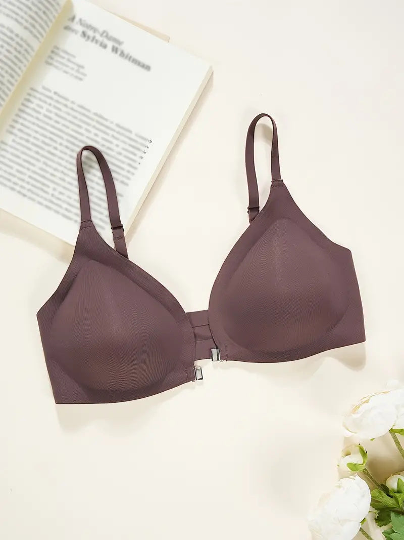 Comfortable Adjustable Straps Deep V Front Button Solid Color Wireless Bra Purple