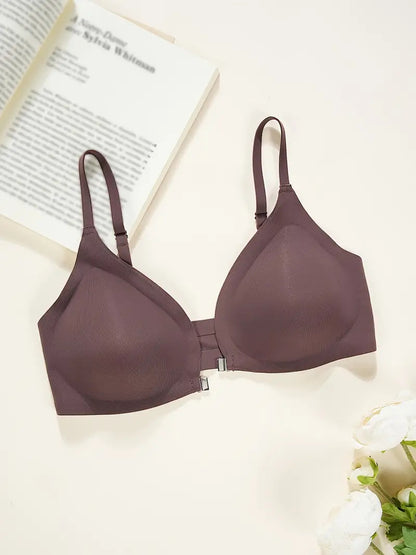 Comfortable Adjustable Straps Deep V Front Button Solid Color Wireless Bra Purple