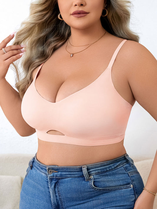 Plus Size Simple Seamless Hollow Out Wireless Bra Pink