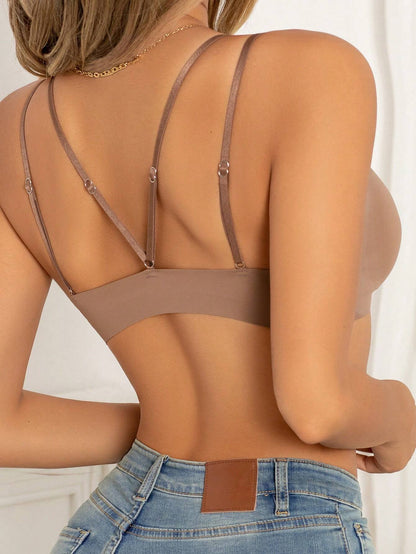 Front Closure Wireless Cross Straps Bra Brown